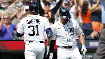 Jul 13, 2025; Detroit, Michigan, USA;  Detroit Tigers outfielder Riley Greene (31) receives congratulations from first baseman Spencer Torkelson (20)  after he hits a home run in the seventh inning against the Seattle Mariners at Comerica Park. Mandatory Credit: Rick Osentoski-Imagn Images
