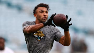 Oct 6, 2024; Jacksonville, Florida, USA; Jacksonville Jaguars wide receiver Christian Kirk (13) warms up before a game against the Indianapolis Colts at EverBank Stadium. 