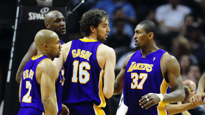 Mar. 24, 2010; San Antonio, TX, USA; Los Angeles Lakers guard (2) Derek Fisher , forward Lamar Odom , forward (16) Pau Gasol and forward (37) Ron Artest against the San Antonio Spurs at the AT&T Center. The Lakers defeated the Spurs 92-83. Mandatory Credit: Mark J. Rebilas-USA TODAY Sports