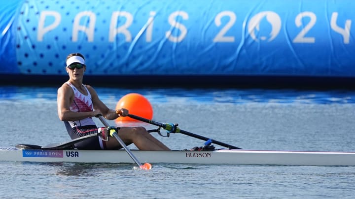 Kara Kohler reacts after qualifying for the single sculls final