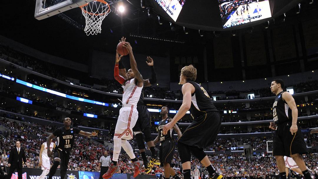 Mar 30, 2013; Los Angeles, CA, USA; Ohio State Buckeyes forward Deshaun Thomas (1) shoots against the Wichita State Shockers during the first half of the finals of the West regional of the 2013 NCAA tournament at the Staples Center. Mandatory Credit: Robert Hanashiro-Imagn Images Mar 30, 2013; Los Angeles, CA, USA; Ohio State Buckeyes forward Deshaun Thomas (1) shoots against the Wichita State Shockers during the first half of the finals of the West regional of the 2013 NCAA tournament at the Staples Center. Mandatory Credit: Robert Hanashiro-Imagn Images