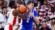 Arizona Wildcats guard Jaden Bradley (0) steals the ball from Duke Blue Devils forward Cooper Flagg (2) during a game earlier this season.