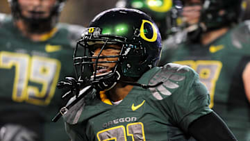 Oct 31, 2009; Eugene, OR, USA; Oregon Ducks running back LaMichael James (21) reacts after scoring on a 5-yard touchdown run in the third quarter against the Southern California Trojans at Autzen Stadium. Oregon defeated USC 47-20. Mandatory Credit: Kirby Lee/Image of Sport-Imagn Images