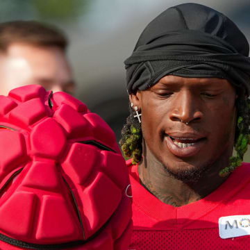 Jul 22, 2024; St. Joseph, MO, USA; Kansas City Chiefs wide receiver Kadarius Toney (19) walks down the hill from the locker room to the fields prior to training camp at Missouri Western State University. Mandatory Credit: Denny Medley-USA TODAY Sports