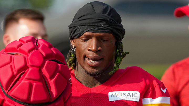 Jul 22, 2024; St. Joseph, MO, USA; Kansas City Chiefs wide receiver Kadarius Toney (19) walks down the hill from the locker room to the fields prior to training camp at Missouri Western State University. Mandatory Credit: Denny Medley-USA TODAY Sports