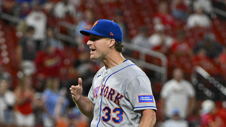 Aug 17, 2023; St. Louis, Missouri, USA;  New York Mets relief pitcher Trevor Gott (33) reacts after