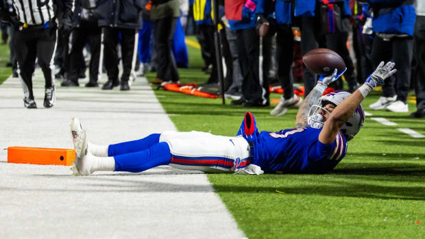 Jan 21, 2024; Orchard Park, New York, USA; Buffalo Bills wide receiver Khalil Shakir (10) celebrates after catching a touchdown pass against the Kansas City Chiefs during the second half for the 2024 AFC divisional round game at Highmark Stadium. Mandatory Credit: Mark J. Rebilas-USA TODAY Sports