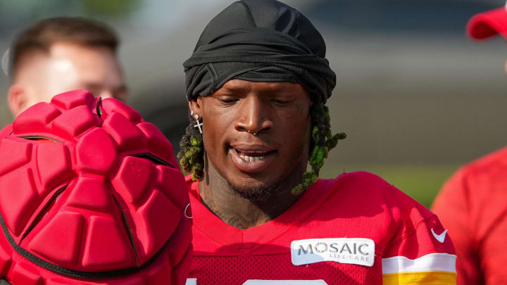 Jul 22, 2024; St. Joseph, MO, USA; Kansas City Chiefs wide receiver Kadarius Toney (19) walks down the hill from the locker room to the fields prior to training camp at Missouri Western State University. Mandatory Credit: Denny Medley-USA TODAY Sports