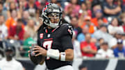 Nov 2, 2025; Houston, Texas, USA; Houston Texans quarterback C.J. Stroud (7) drops to throw during the first half against the Denver Broncos at NRG Stadium. Mandatory Credit: Sean Thomas-Imagn Images