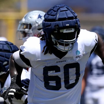 Jul 30, 2024; Oxnard, CA, USA; Dallas Cowboys offensive tackle Tyler Guyton (60) blocks during training camp at the River Ridge Playing Fields in Oxnard, California. Mandatory Credit: Jason Parkhurst-Imagn Images