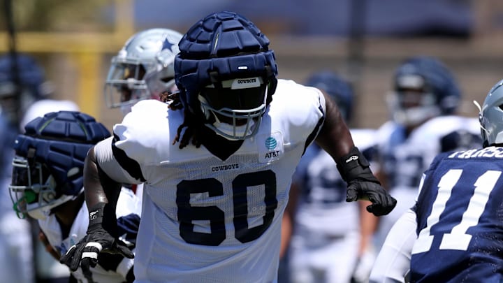 Jul 30, 2024; Oxnard, CA, USA; Dallas Cowboys offensive tackle Tyler Guyton (60) blocks during training camp at the River Ridge Playing Fields in Oxnard, California. Mandatory Credit: Jason Parkhurst-Imagn Images