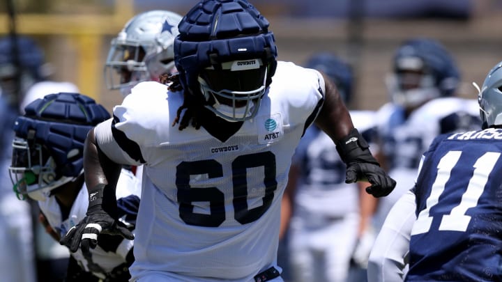 Jul 30, 2024; Oxnard, CA, USA; Dallas Cowboys offensive tackle Tyler Guyton (60) blocks during training camp at the River Ridge Playing Fields in Oxnard, California. Mandatory Credit: Jason Parkhurst-USA TODAY Sports