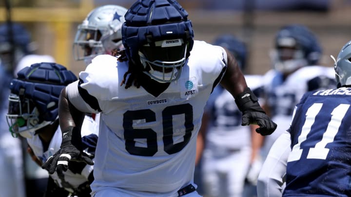 Jul 30, 2024; Oxnard, CA, USA; Dallas Cowboys offensive tackle Tyler Guyton (60) blocks during training camp at the River Ridge Playing Fields in Oxnard, California. 