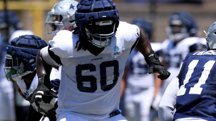 Jul 30, 2024; Oxnard, CA, USA; Dallas Cowboys offensive tackle Tyler Guyton (60) blocks during training camp at the River Ridge Playing Fields in Oxnard, California. 