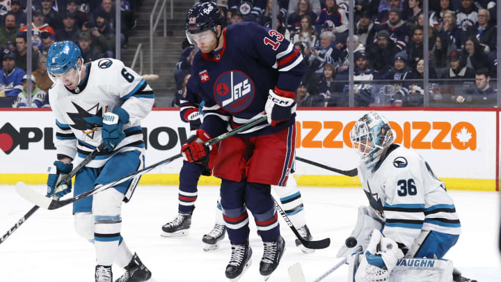 Feb 14, 2024; Winnipeg, Manitoba, CAN; Winnipeg Jets center Gabriel Vilardi (13) leaps in front of a