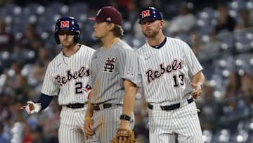 University of Mississippi baseball player Austin Hawley (24) signals to coaching staff from first base during the Governor’s Cup played against Mississippi State University at Trustmark Park on April 22, 2025, in Pearl, Miss.