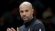 Nov 11, 2025; Brooklyn, New York, USA; Brooklyn Nets head coach Jordi Fernandez coaches against the Toronto Raptors during the second quarter at Barclays Center. Mandatory Credit: Brad Penner-Imagn Images