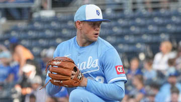 Sep 6, 2025; Kansas City, Missouri, USA; Kansas City Royals starting pitcher Stephen Kolek (32) delivers a pitch against the Minnesota Twins during the first inning at Kauffman Stadium. Mandatory Credit: Denny Medley-Imagn Images