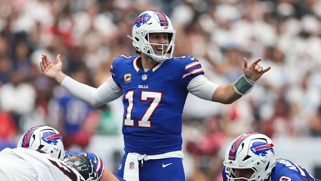 Sep 13, 2026; Houston, Texas, USA; Buffalo Bills quarterback Josh Allen (17) at the line of scrimmage during the game against the Houston Texans at Reliant Stadium. Mandatory Credit: Troy Taormina-Imagn Images