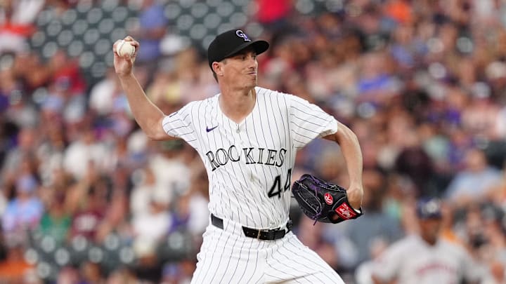 Jul 1, 2025; Denver, Colorado, USA; Colorado Rockies pitcher Jimmy Herget (44) delivers a pitch in the fourth inning against the Houston Astros at Coors Field. Mandatory Credit: Ron Chenoy-Imagn Images Jul 1, 2025; Denver, Colorado, USA; Colorado Rockies pitcher Jimmy Herget (44) delivers a pitch in the fourth inning against the Houston Astros at Coors Field. Mandatory Credit: Ron Chenoy-Imagn Images