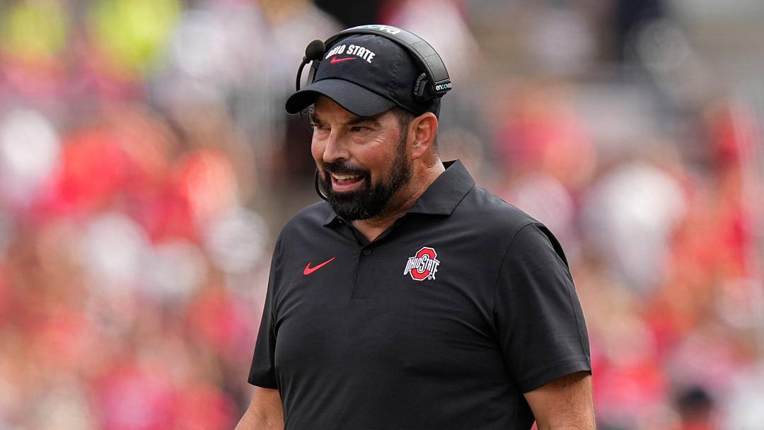 Aug 31, 2024; Columbus, OH, USA; Ohio State Buckeyes head coach Ryan Day talks to an official during the first half of the NCAA football game against the Akron Zips at Ohio Stadium.