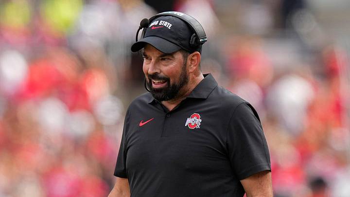 Aug 31, 2024; Columbus, OH, USA; Ohio State Buckeyes head coach Ryan Day talks to an official during the first half of the NCAA football game against the Akron Zips at Ohio Stadium.