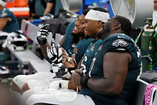 Former Alabama Crimson Tide offensive lineman Tyler Steen of the Philadelphia Eagles in Super Bowl LIX.