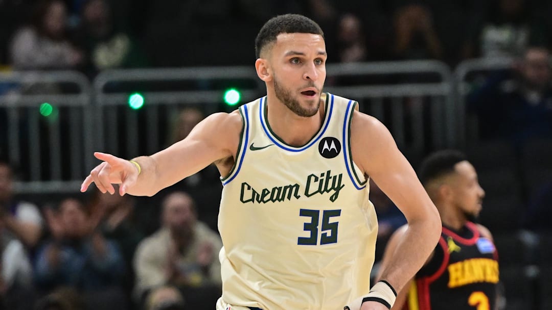 Mar 4, 2026; Milwaukee, Wisconsin, USA; Milwaukee Bucks forward Pete Nance (35) reacts after scoring a basket in the third quarter against the Atlanta Hawks at Fiserv Forum. Mandatory Credit: Benny Sieu-Imagn Images