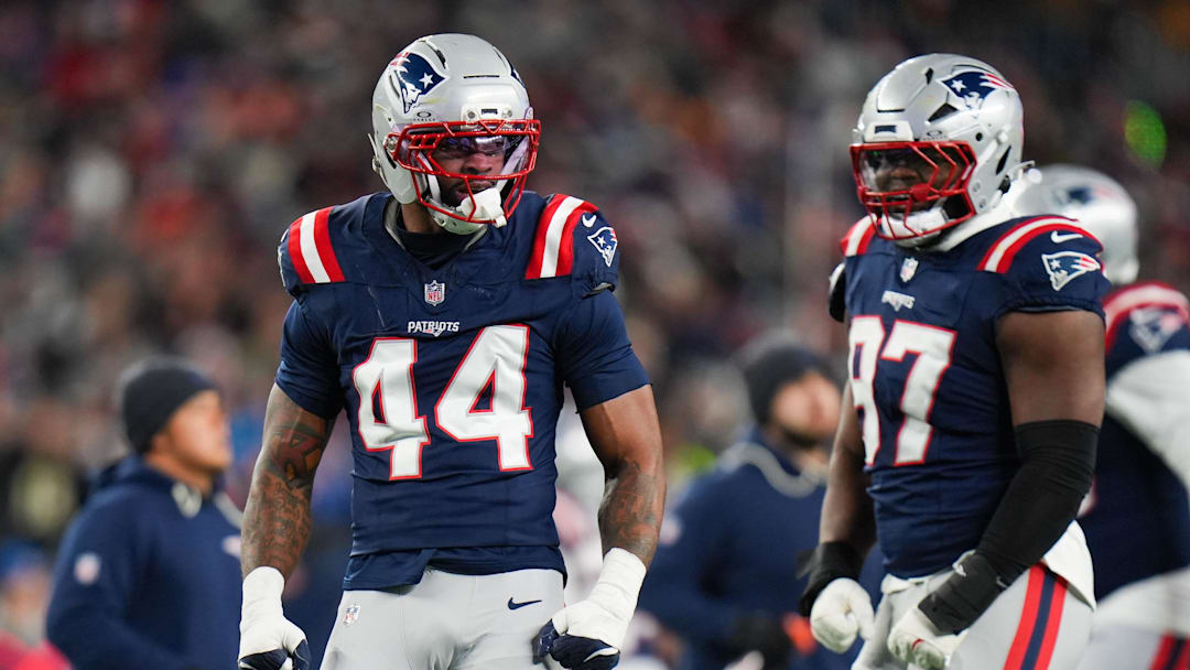 Jan 11, 2026; Foxborough, MA, USA; New England Patriots linebacker K'lavon Chaisson (44) celebrates a sack during the second quarter against the Los Angeles Chargers in an AFC Wild Card Round game at Gillette Stadium. Mandatory Credit: David Butler II-Imagn Images