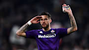 Cristiano Biraghi of ACF Fiorentina salutes the fans whilst...