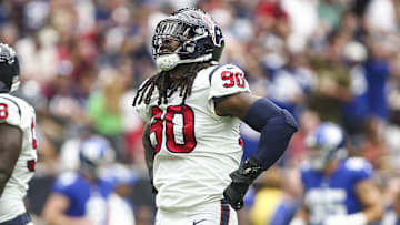 Sep 23, 2018; Houston, TX, USA; Houston Texans defensive end Jadeveon Clowney (90) reacts after a touchdown by the New York Giants during the first quarter at NRG Stadium.