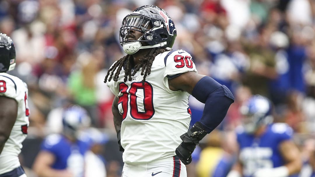 Sep 23, 2018; Houston, TX, USA; Houston Texans defensive end Jadeveon Clowney (90) reacts after a touchdown by the New York Giants during the first quarter at NRG Stadium.