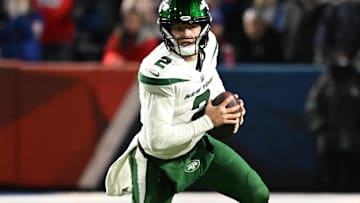 Nov 19, 2023; Orchard Park, New York, USA; New York Jets quarterback Zach Wilson (2) runs out of the