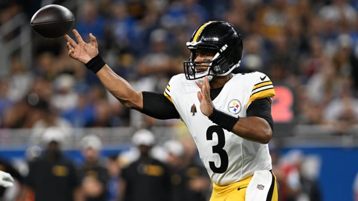 Aug 24, 2024; Detroit, Michigan, USA;  Pittsburgh Steelers quarterback Russell Wilson (3) throws a pass against the Detroit Lions in the first quarter at Ford Field. Mandatory Credit: Lon Horwedel-USA TODAY Sports