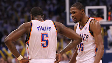 Jun 2, 2012; Oklahoma City, OK, USA; Oklahoma City Thunder forward Kevin Durant (35) celebrates with center Kendrick Perkins (5) in the fourth quarter against the San Antonio Spurs in game four of the Western Conference finals of the 2012 NBA playoffs at Chesapeake Energy Arena. The Thunder beat the Spurs 109-103. Mandatory Credit: Matthew Emmons-Imagn Images