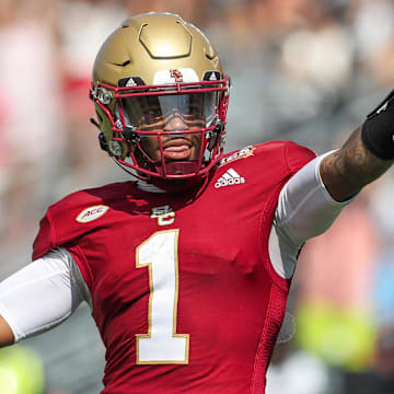 Sep 2, 2023; Chestnut Hill, Massachusetts, USA; Boston College Eagles quarterback Thomas Castellanos (1) celebrates after touchdown pass during the second half against the Northern Illinois Huskies at Alumni Stadium. Mandatory Credit: Paul Rutherford-Imagn Images