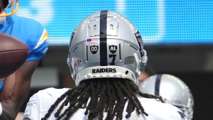 A zoomed up shot of Las Vegas Raiders safety Tre'von Moehrig's helmet to display the decals.