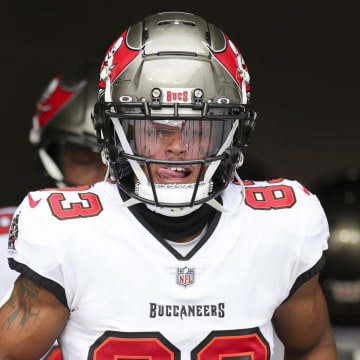 Dec 3, 2023; Tampa, Florida, USA;  Tampa Bay Buccaneers wide receiver Deven Thompkins (83) takes the field for warms ups before a game against the Carolina Panthers at Raymond James Stadium. Mandatory Credit: Nathan Ray Seebeck-USA TODAY Sports