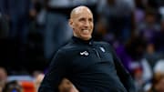 Apr 16, 2025; Sacramento, California, USA; Sacramento Kings interim head coach Doug Christie reacts during the fourth quarter against the Dallas Mavericks at Golden 1 Center.