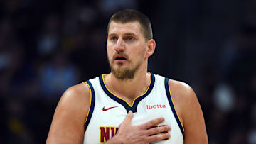 Oct 14, 2025; Denver, Colorado, USA; Denver Nuggets center Nikola Jokic (15) during the first half against the Chicago Bulls at Ball Arena. 