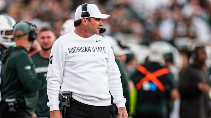 Michigan State head coach Jonathan Smith watches a play against Western Michigan during the first half at Spartan Stadium in East Lansing on Friday, August 29, 2025.