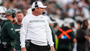 Michigan State head coach Jonathan Smith watches a play against Western Michigan during the first half at Spartan Stadium in East Lansing on Friday, August 29, 2025.
