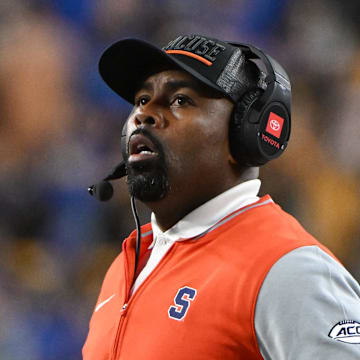 Oct 24, 2024; Pittsburgh, Pennsylvania, USA; Syracuse Orange head coach Fran Brown reacts against the Pittsburgh Panthers during the third quarter at Acrisure Stadium. Mandatory Credit: Barry Reeger-Imagn Images
