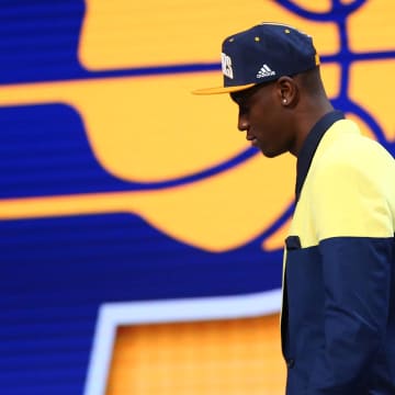 Jun 23, 2016; New York, NY, USA; Caris Levert (Michigan) after being selected as the number twenty overall pick to the Indiana Pacers in the first round of the 2016 NBA Draft at Barclays Center. Mandatory Credit: Jerry Lai-USA TODAY Sports