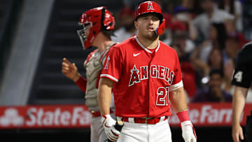 Aug 22, 2023; Anaheim, California, USA;  Los Angeles Angels center fielder Mike Trout (27) walks