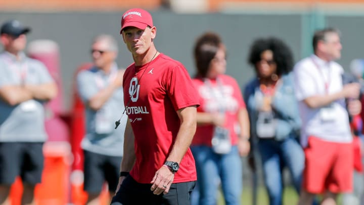 Head coach Brent Venables runs an Oklahoma football practice in