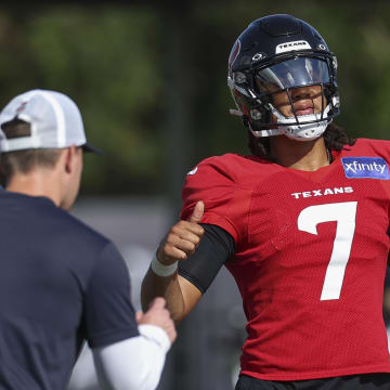 Jul 29, 2024; Houston, TX, USA; Houston Texans quarterback C.J. Stroud (7) during training camp at Houston Methodist Training Center. Mandatory Credit: Troy Taormina-USA TODAY Sports