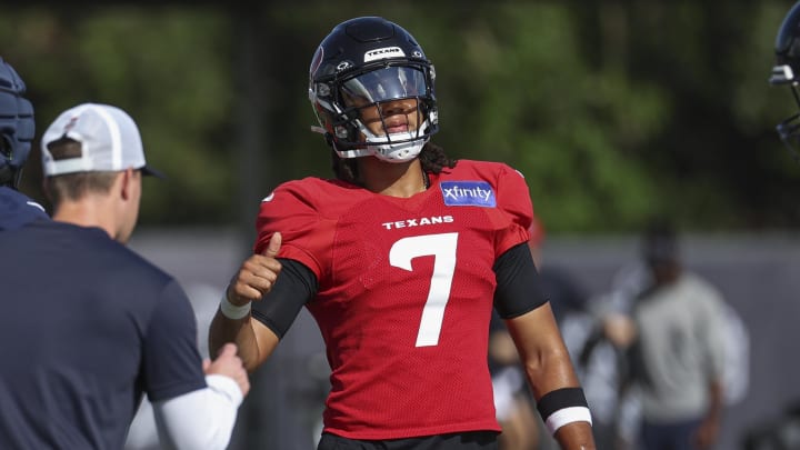 Jul 29, 2024; Houston, TX, USA; Houston Texans quarterback C.J. Stroud (7) during training camp at Houston Methodist Training Center. Mandatory Credit: Troy Taormina-USA TODAY Sports