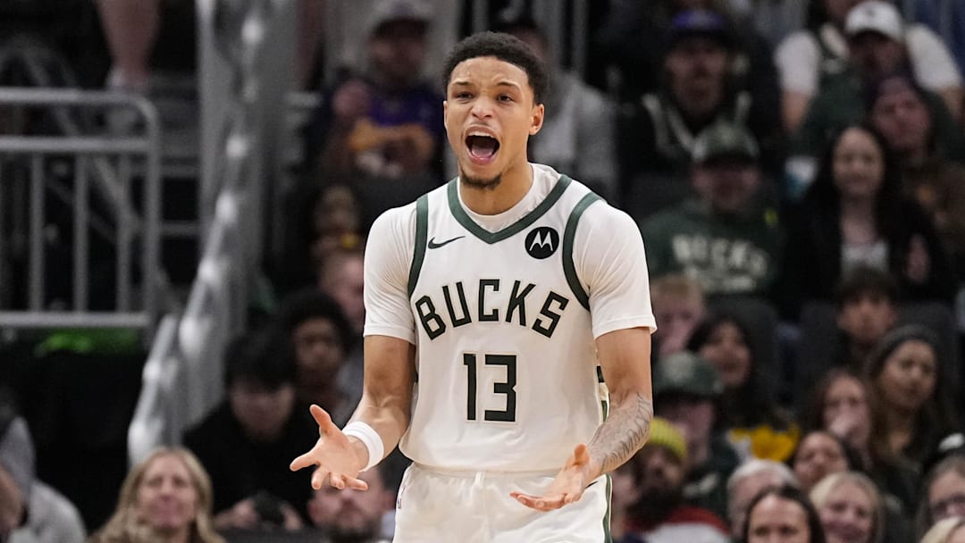 Milwaukee Bucks guard Ryan Rollins (13) reacts after being called for a foul during the third quarter against the Los Angeles Lakers at Fiserv Forum on November 15, 2025.