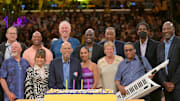 Apr 8, 2022; Los Angeles, California, USA; Former players Norm Nixon, Kurt Rambis, athletic trainer Gary Vitti, Byron Scott, Bill Walton, Michael Cooper, Jamal Wilkes, AC Green, and James Worthy along with siinger Paula Abdul, Laker girl Aurora Elaine and Herbie Hancock were on hand to celebrate Los Angeles Lakers Hall of Famers Kareem Abdul-Jabbar 75th birthday during halftime during the game between the Los Angeles Lakers and the Oklahoma City Thunder at Crypto.com Arena.